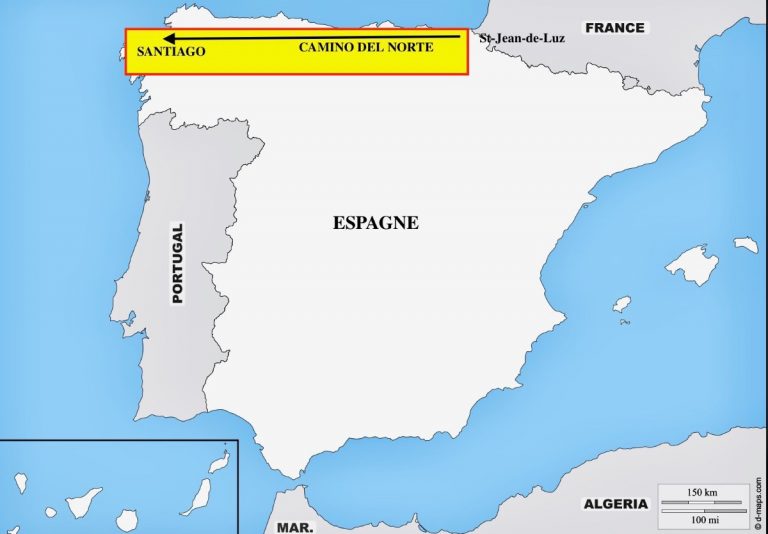 The complete CAMINO DEL NORTE, on the great Spanish path along the Cantabrian Coast and the Atlantic Ocean, from the foot of the Pyrenees to Santiago de Compostela.
