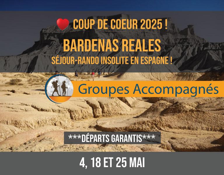 Bardenas Reales offrent une randonnée surprenante: des paysages irréels, des plaines et des canyons aux formes étranges dignes de décors de western ; tout ceci au départ d’un hébergement sympathique.Les paysages spectaculaires et insolites de la Sierra de Guara, à découvrir confortablement depuis le magnifique village d’Alquezar, en hôtel remarquable, avec une gastronomie typique et délicieuse. Euro-Rando, Partez de Montreal, Quebec, Canada, Mai 2025
